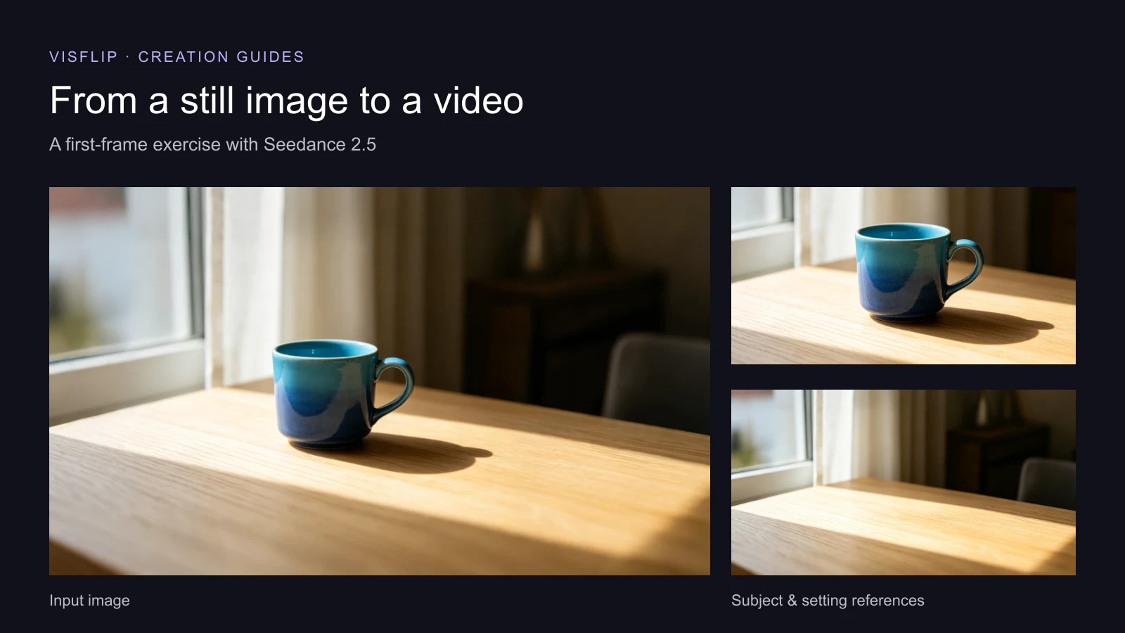 A blue ceramic cup starting image alongside subject and empty-table references