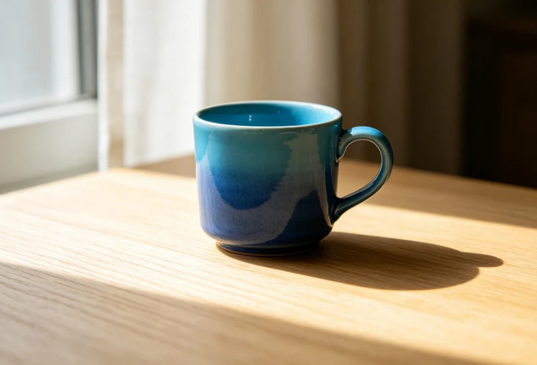 A closer view of the blue cup showing its handle, rim, and glazed surface.