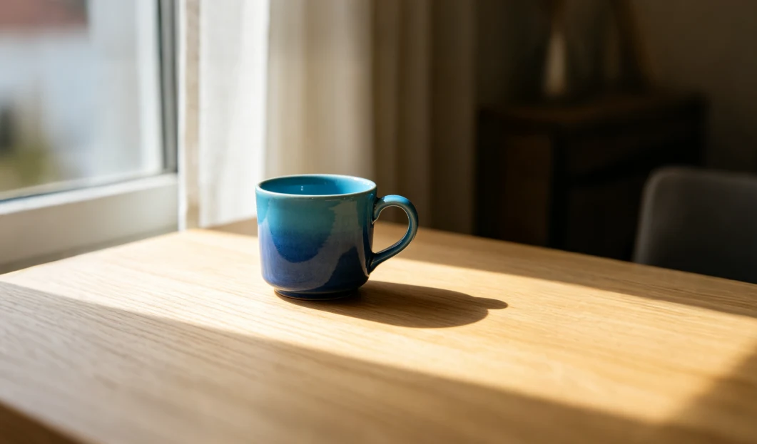 A blue ceramic cup on a sunlit pale wooden table beside a window.