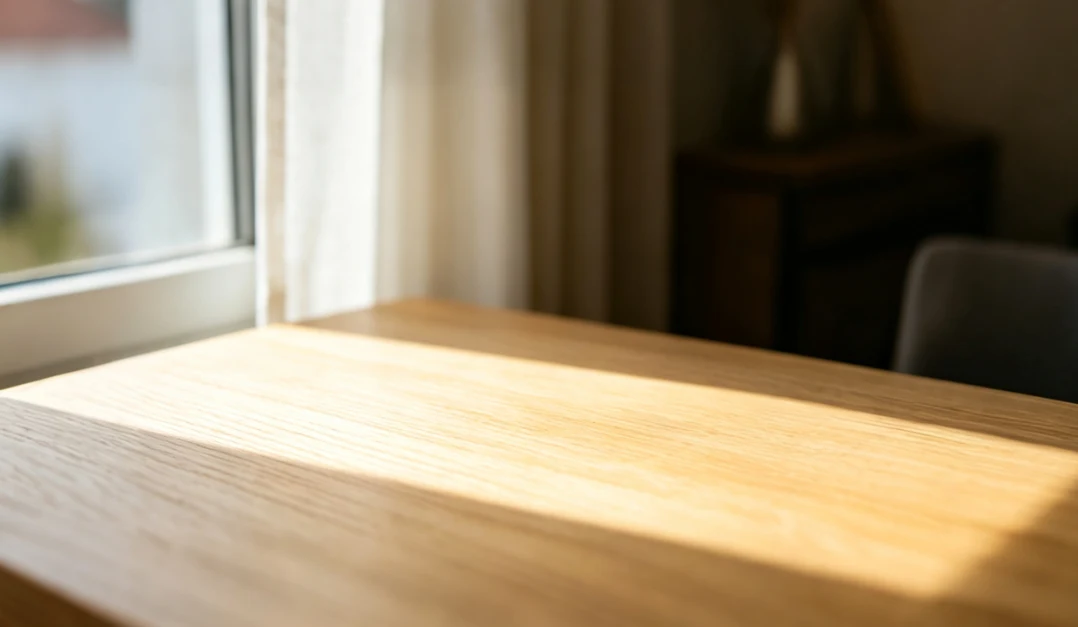 An empty pale wooden table in sunlight beside a window.
